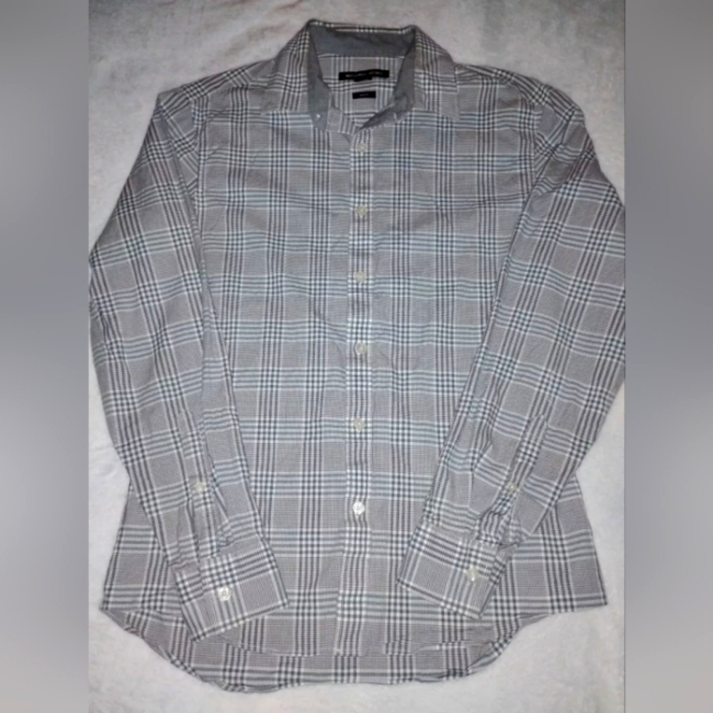 Michael Kors Men's Gray White Plaid Slim Fit Long Sleeve Dress Shirt Size Med